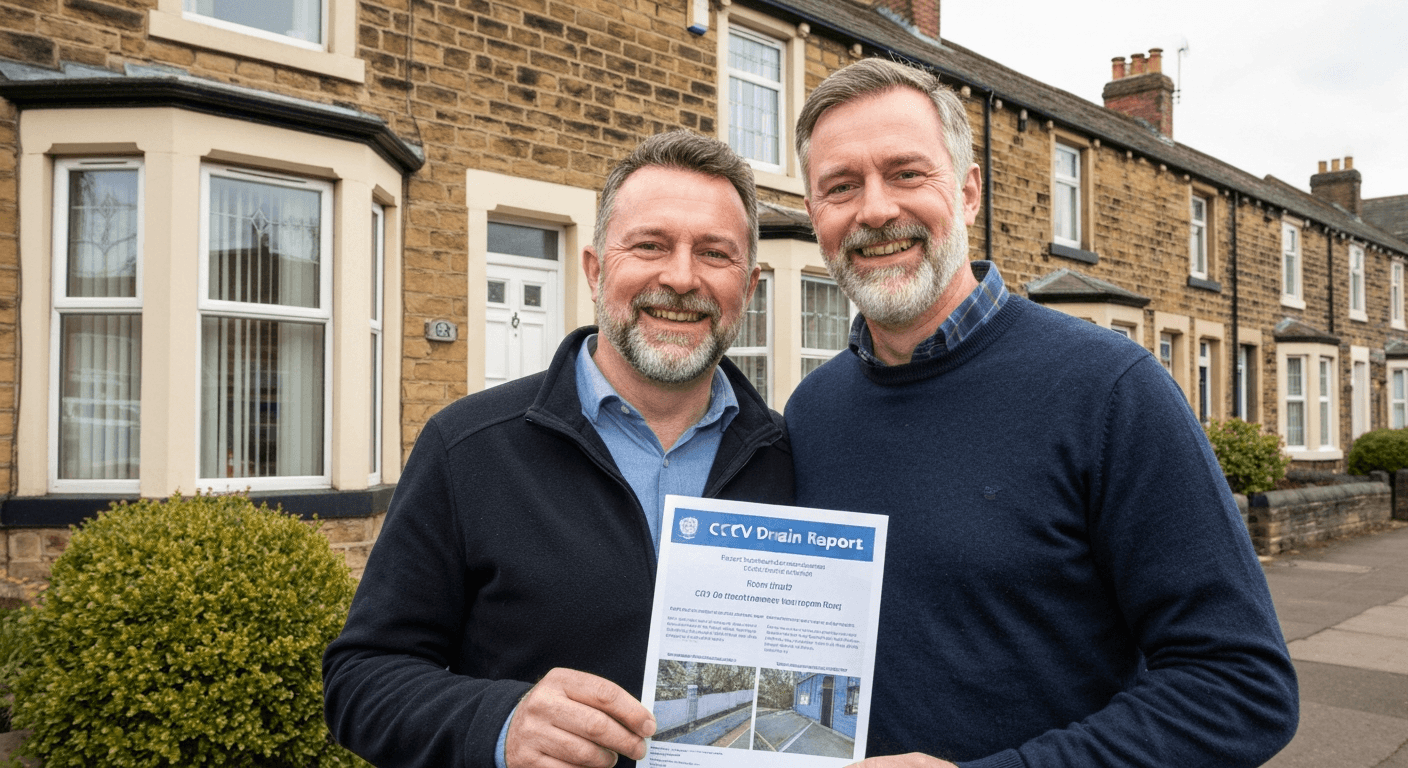 Happy Yorkshire homeowners holding their CCTV drain survey report