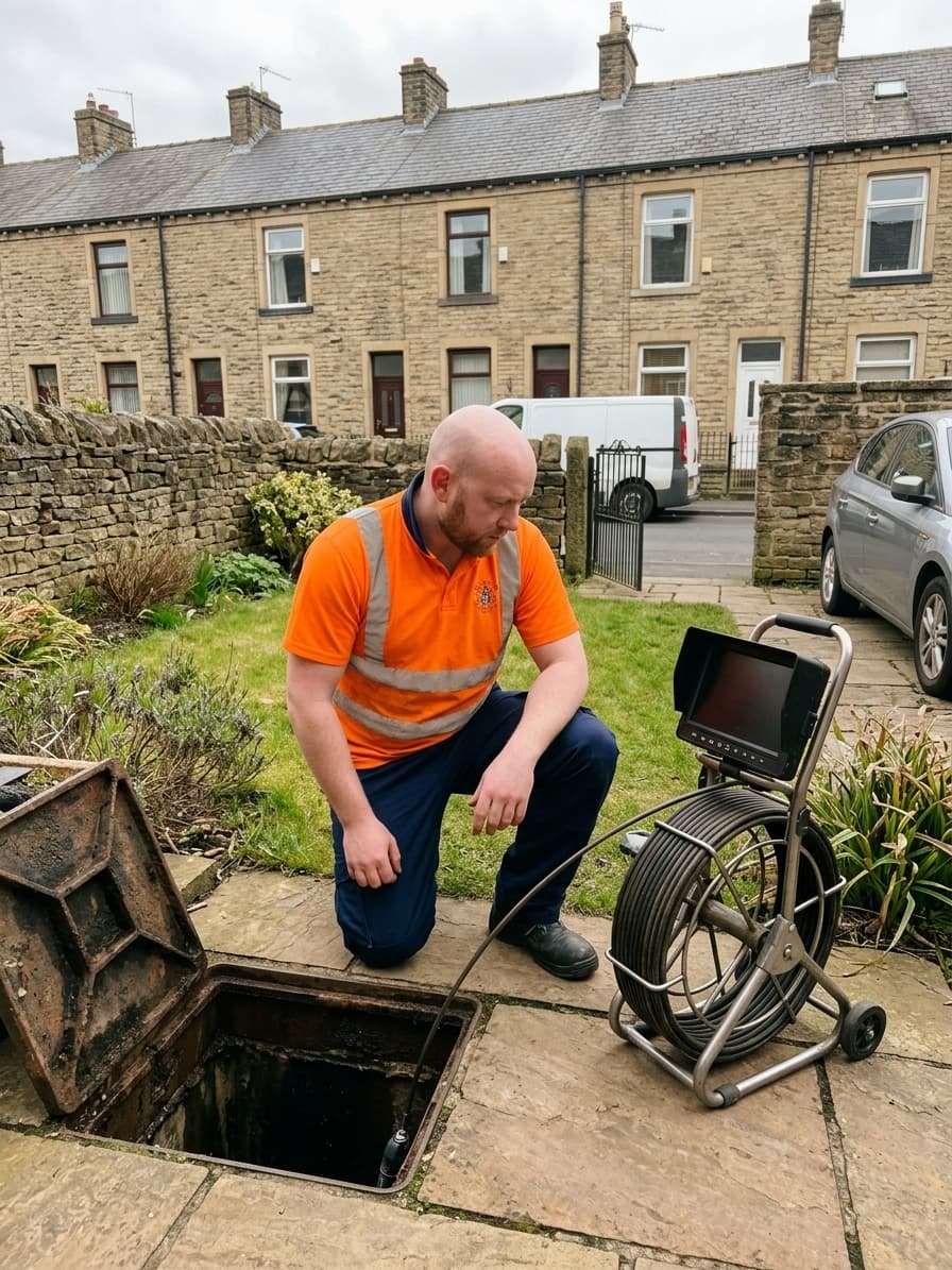 Drainage engineer kneeling beside an open inspection chamber in the back garden of a Yorkshire stone terrace house, CCTV reel on the ground