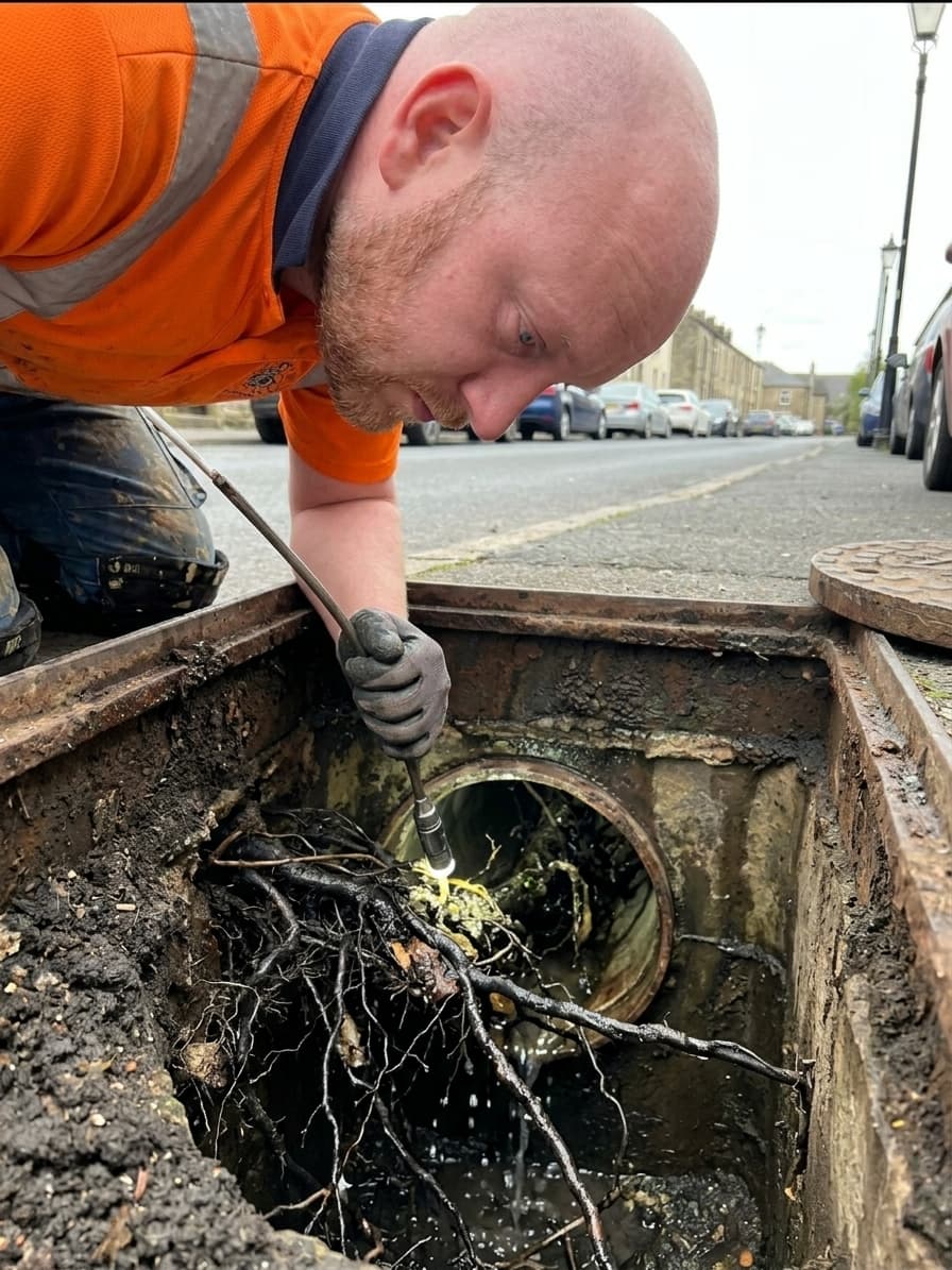 Professional drainage engineer inspecting a residential drain access point in a Yorkshire garden