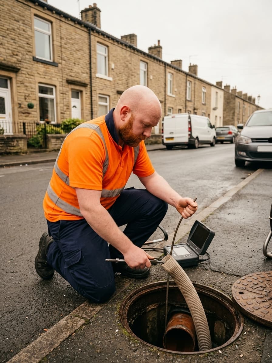 Drainage engineer inserting a flexible pipe liner into an underground drain access point on a Yorkshire residential street