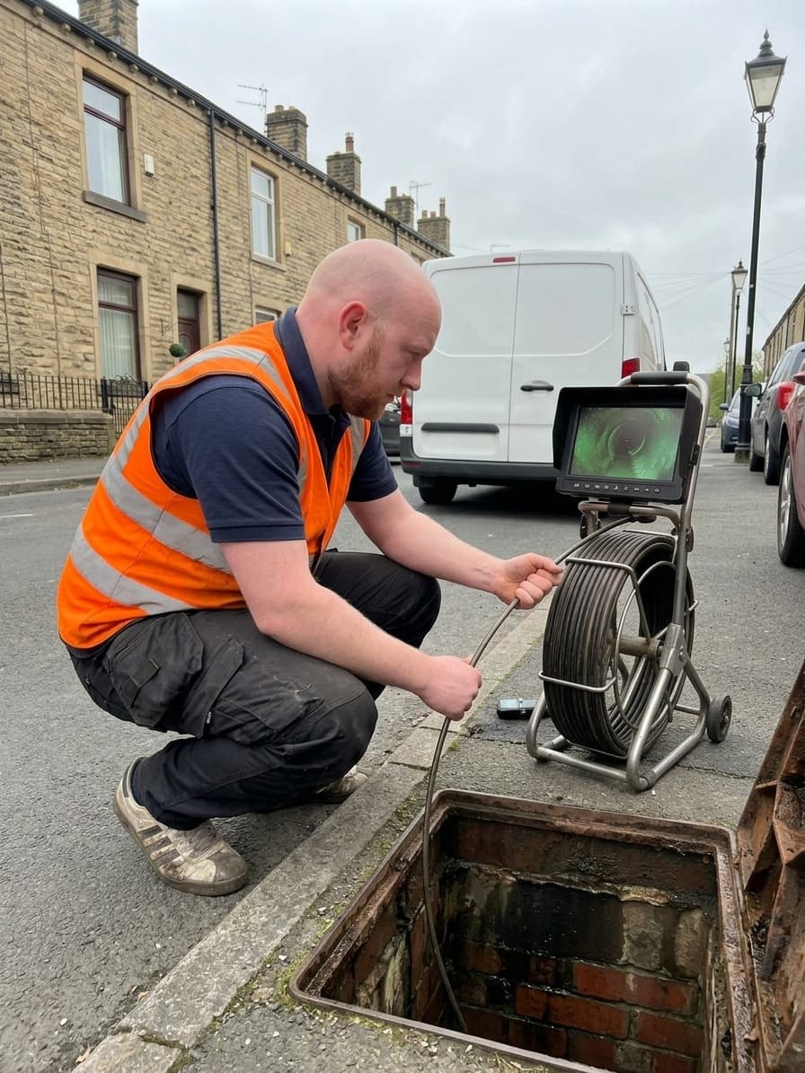 CCTV drain survey engineer at a brick inspection chamber on a Victorian terraced street in Barnsley