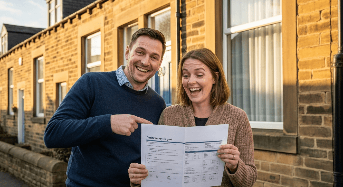 Happy couple outside a Yorkshire stone terrace house holding their drain survey report, smiling with relief