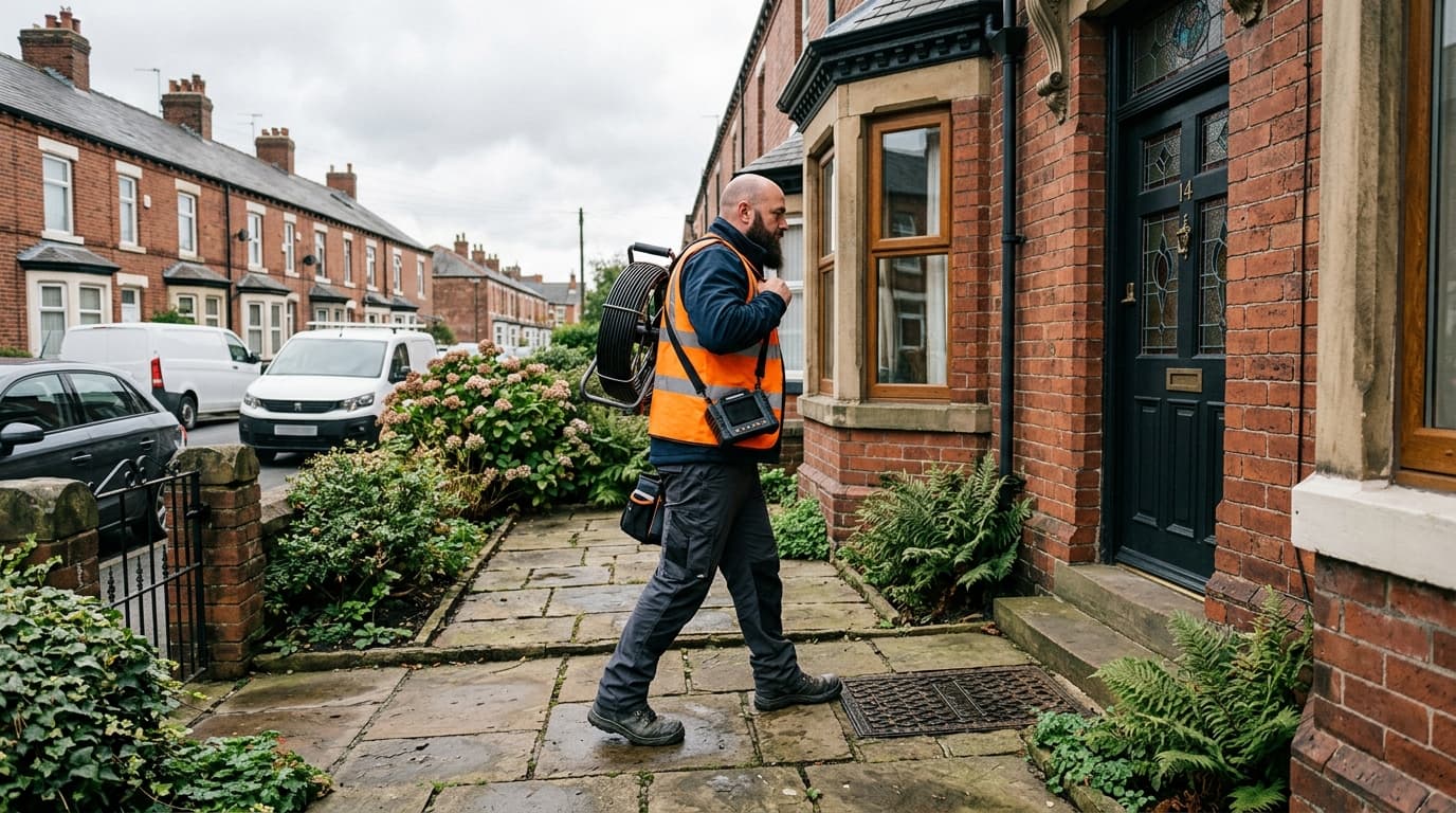 Drain survey engineer approaching a Victorian terraced house in Yorkshire with CCTV inspection equipment