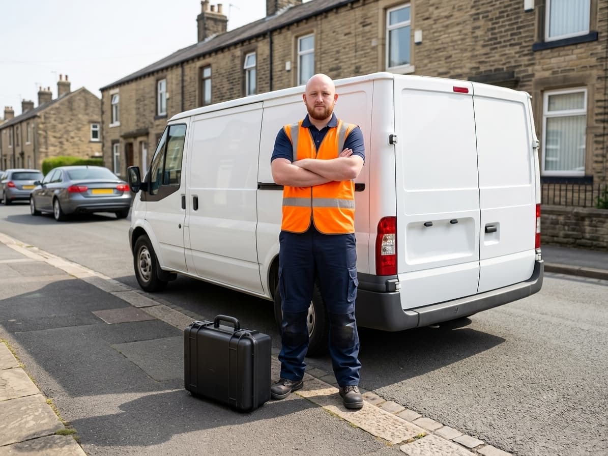Yorkshire Drain Survey engineer standing beside a drainage van on a residential street, reviewing clipboard with equipment laid out