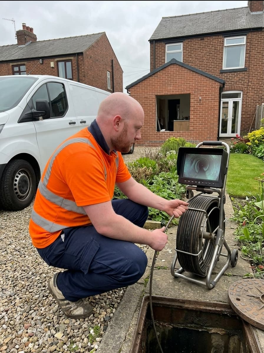 CCTV drain survey engineer inspecting drainage in a residential back garden before a home extension