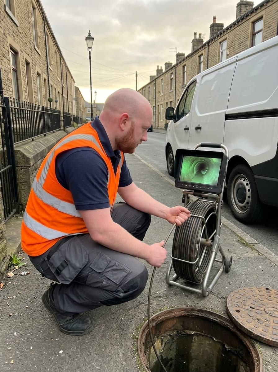 CCTV drain survey engineer inspecting underground pipe access in a Huddersfield terraced street