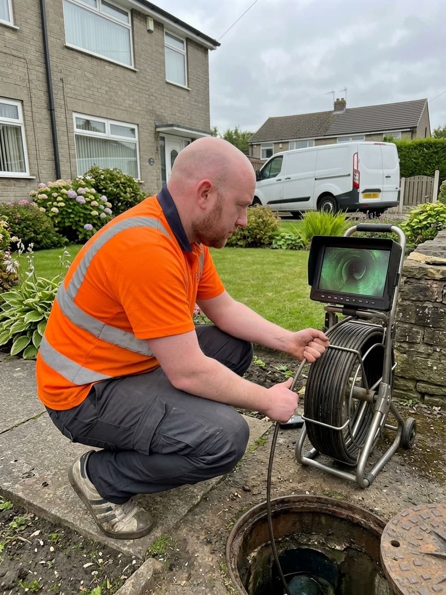 Drainage engineer using a CCTV camera to inspect a residential drain for an insurance claim in Yorkshire
