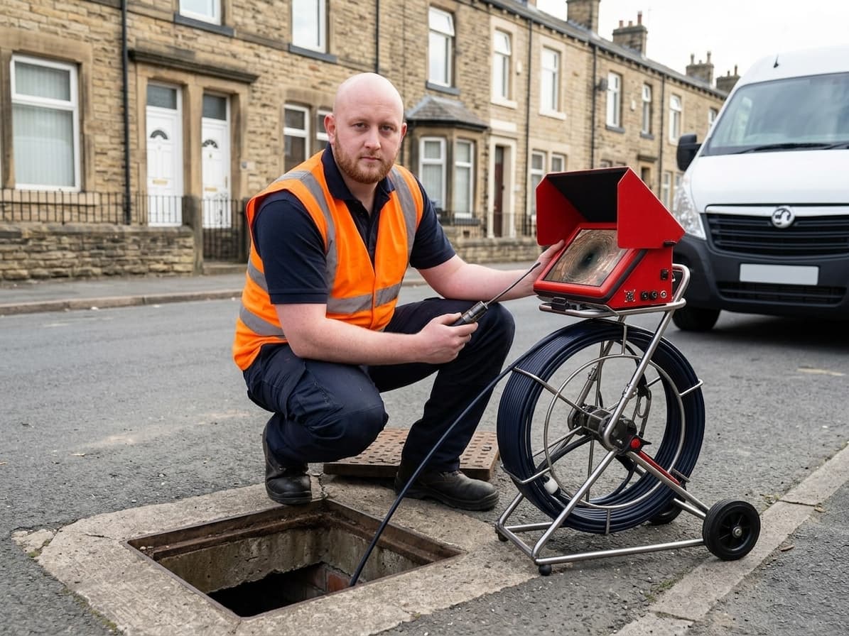 Yorkshire Drain Survey engineer standing beside a drainage van on a Leeds residential street, reviewing survey equipment and clipboard