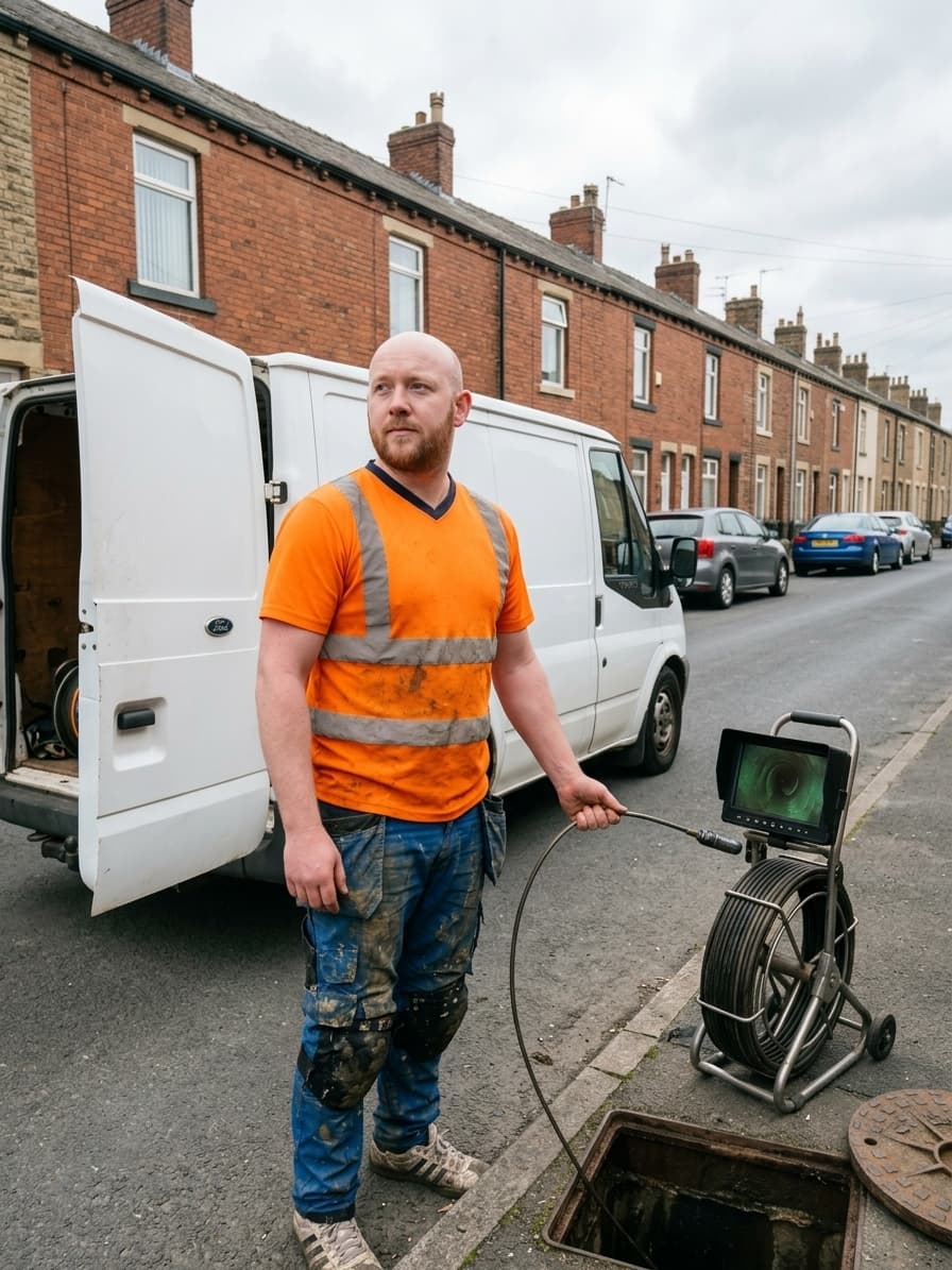 Drain survey engineer inspecting a drainage manhole on a residential street in Wakefield