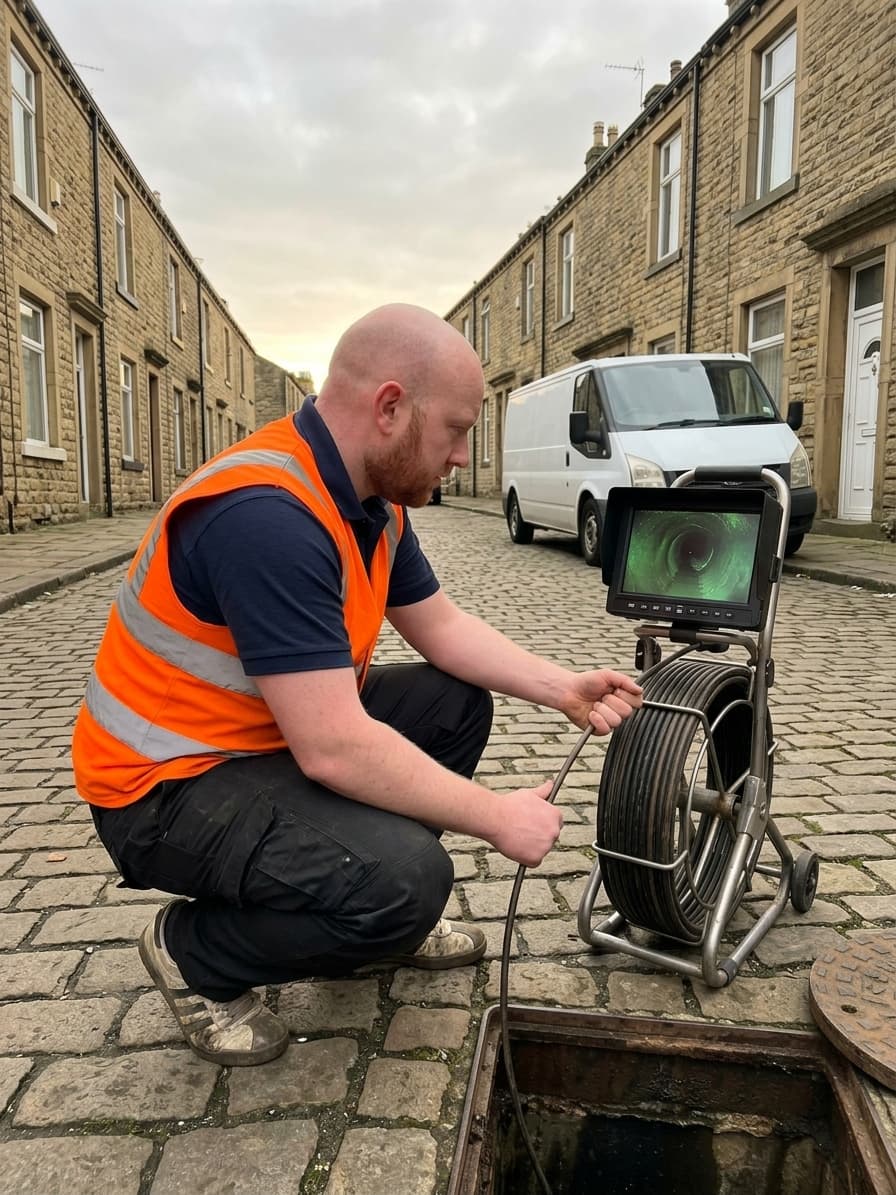 Drain survey engineer inspecting a drain access point on a historic cobbled street in York