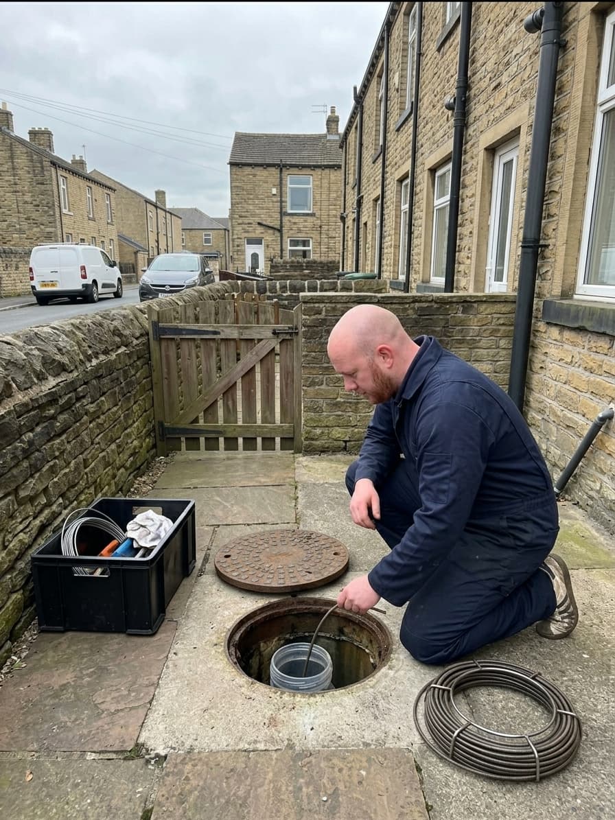 A drainage engineer inspecting a residential drain access point in a Yorkshire terraced house backyard