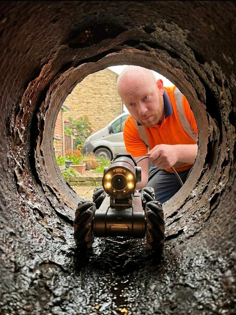 CCTV drain camera inspecting the interior of a deteriorating pitch fibre pipe in a Yorkshire residential property