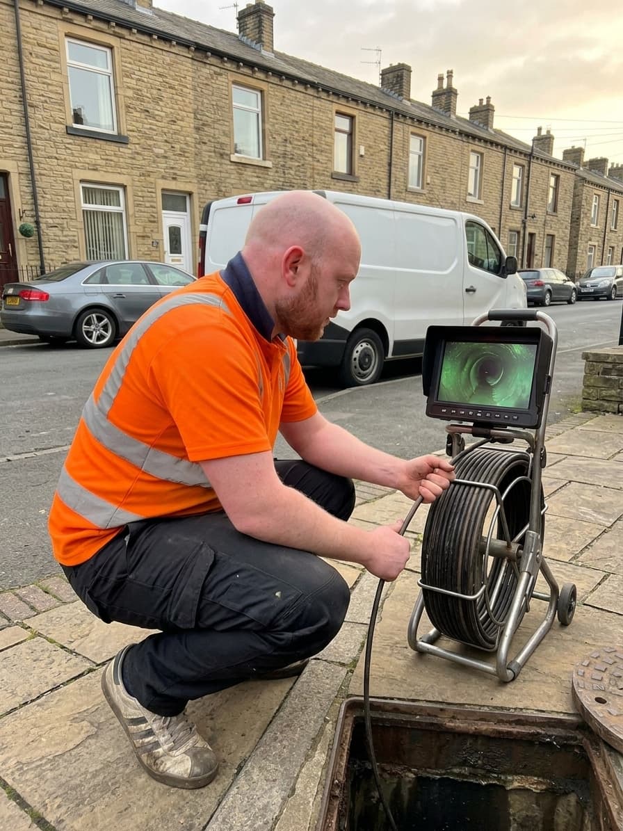 CCTV drain survey engineer inspecting underground drainage outside a Yorkshire terraced property