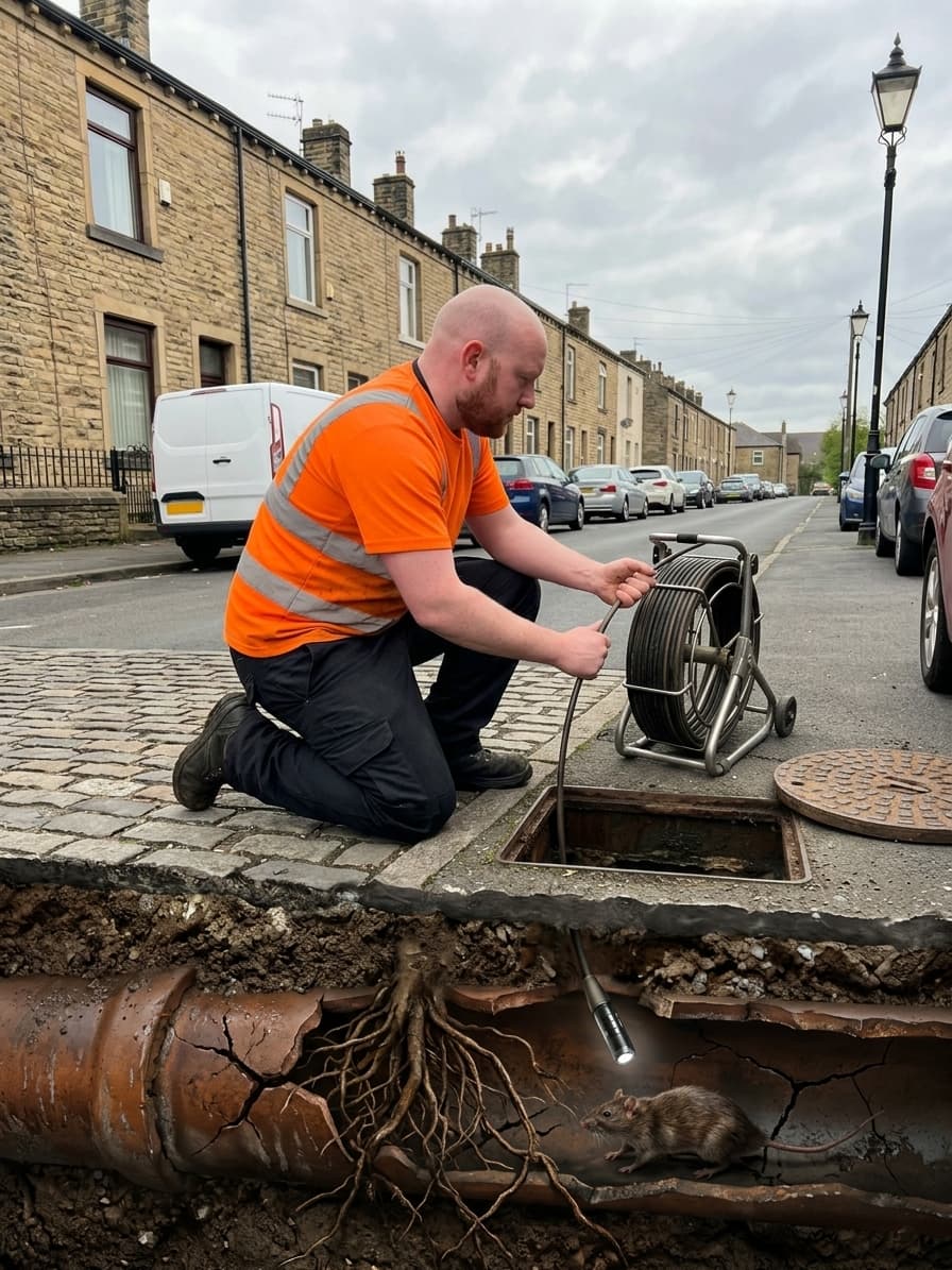 Cross-section of a cracked underground drain pipe showing a rat inside, with roots and damp soil surrounding the pipe