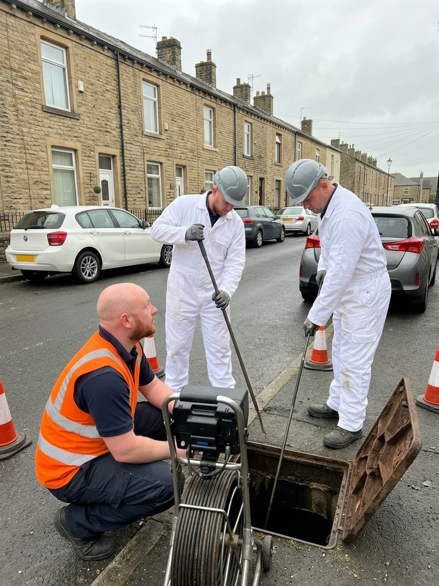 Drainage engineers inspecting a shared manhole cover on a Yorkshire terraced street