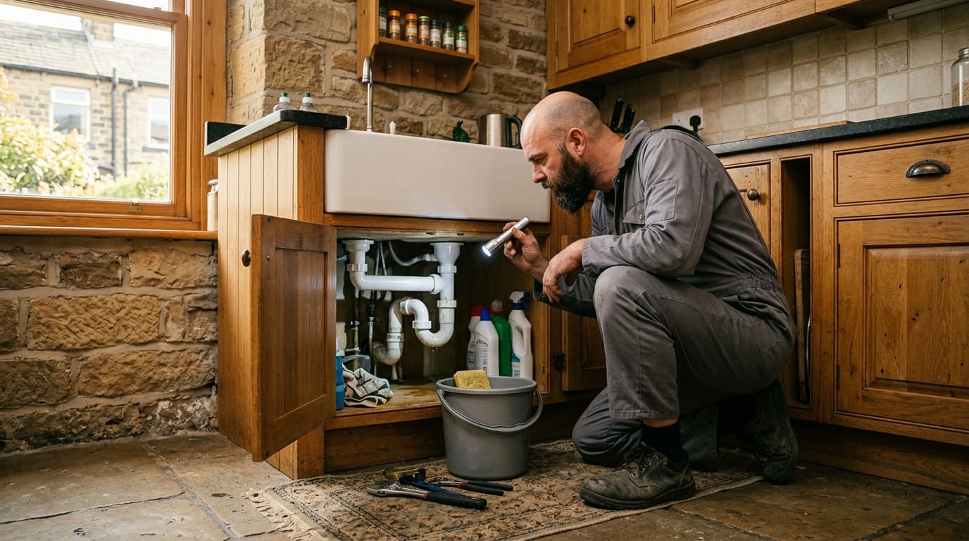 Drain engineer inspecting a kitchen sink trap in a Yorkshire stone terrace house