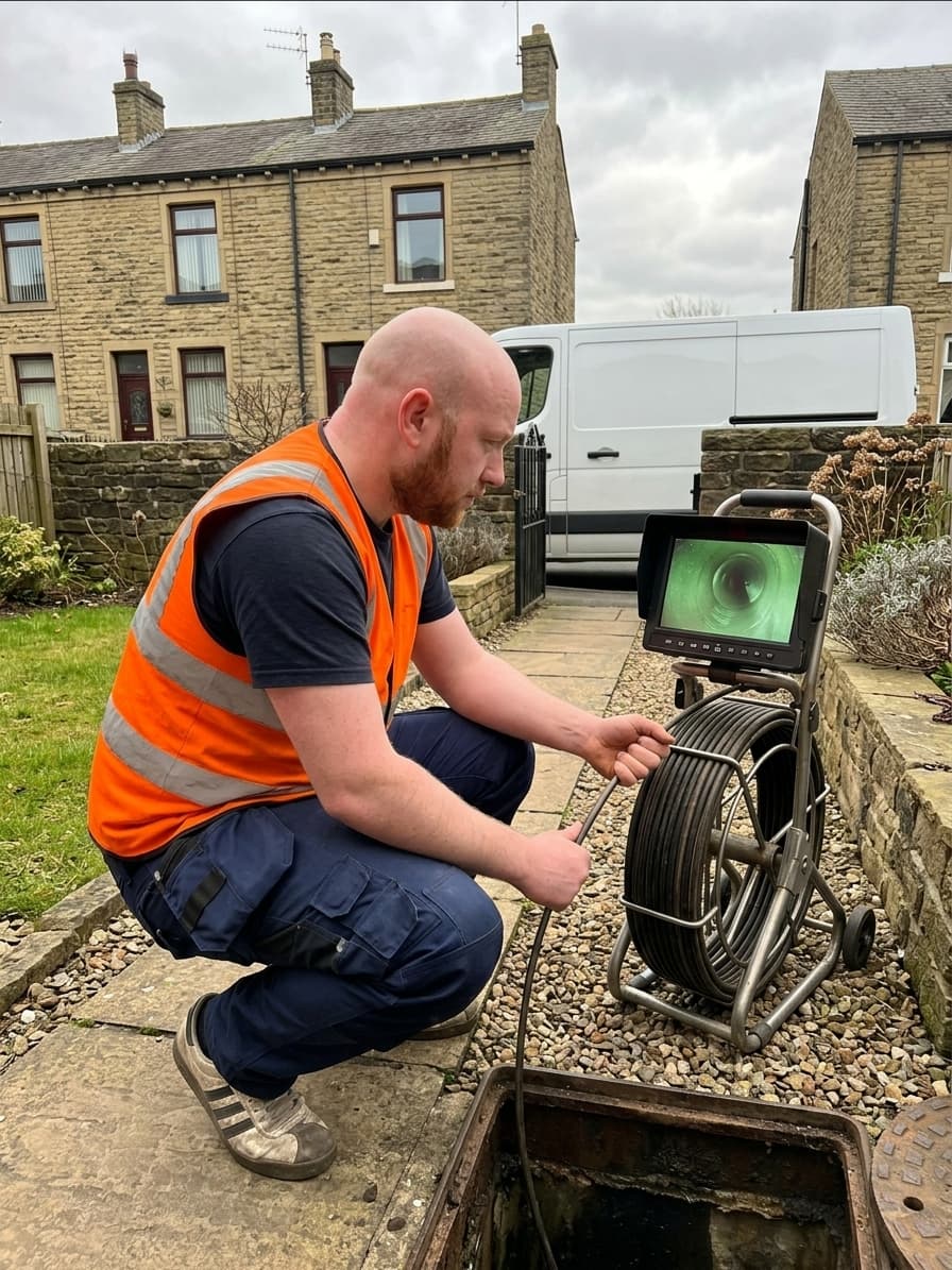 Engineer kneeling beside a drain access point in the back garden of a Yorkshire stone terrace house, camera reel at his side