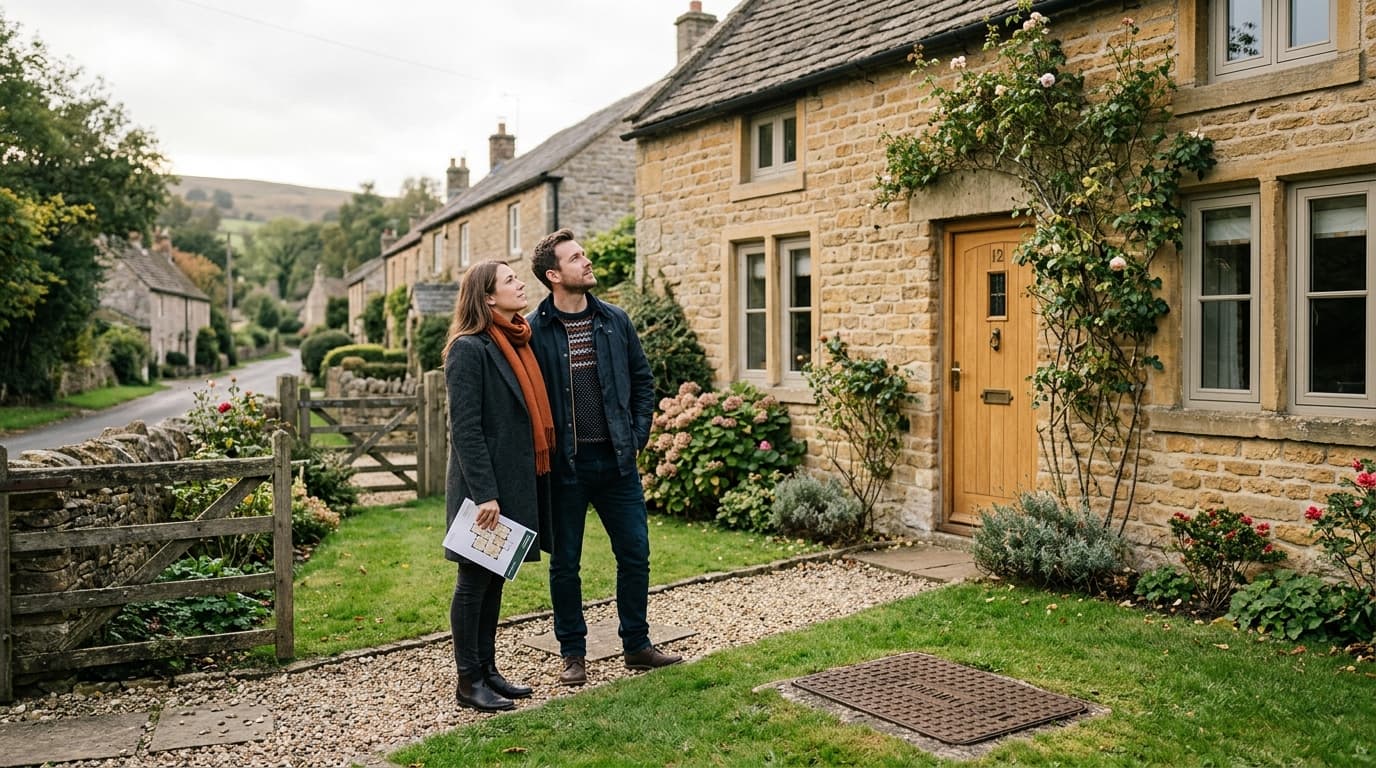 Surveyor with clipboard outside a Yorkshire stone terrace house during a homebuyer survey