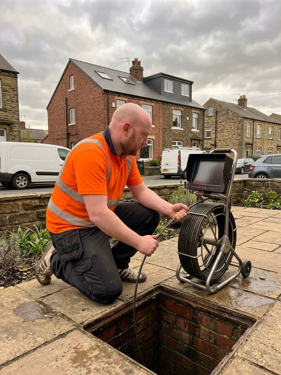 A drain engineer inspecting an access chamber outside a Yorkshire home undergoing a loft conversion