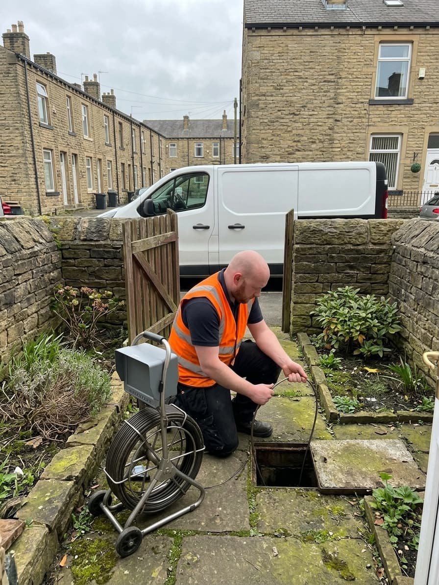 Drainage engineer kneeling beside a drain access point in a Bradford stone terrace back garden, feeding a camera cable into the drain