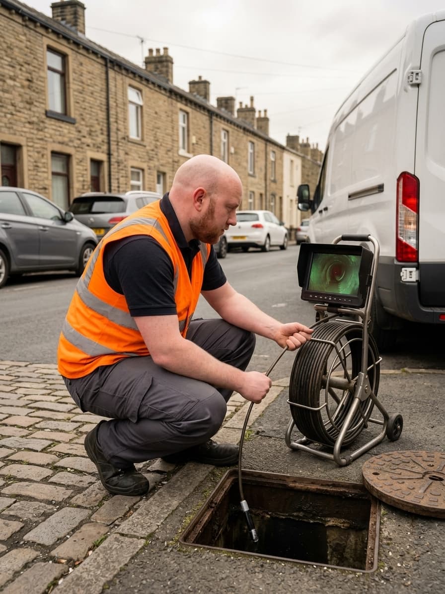 Drainage engineer feeding a CCTV camera cable into an open inspection chamber on a Doncaster residential street
