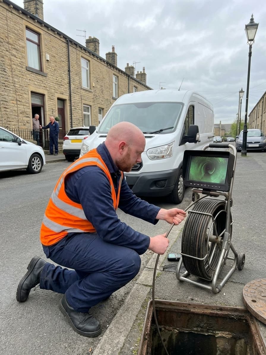 Drainage engineer arriving at a row of Yorkshire terrace rental properties to carry out a survey