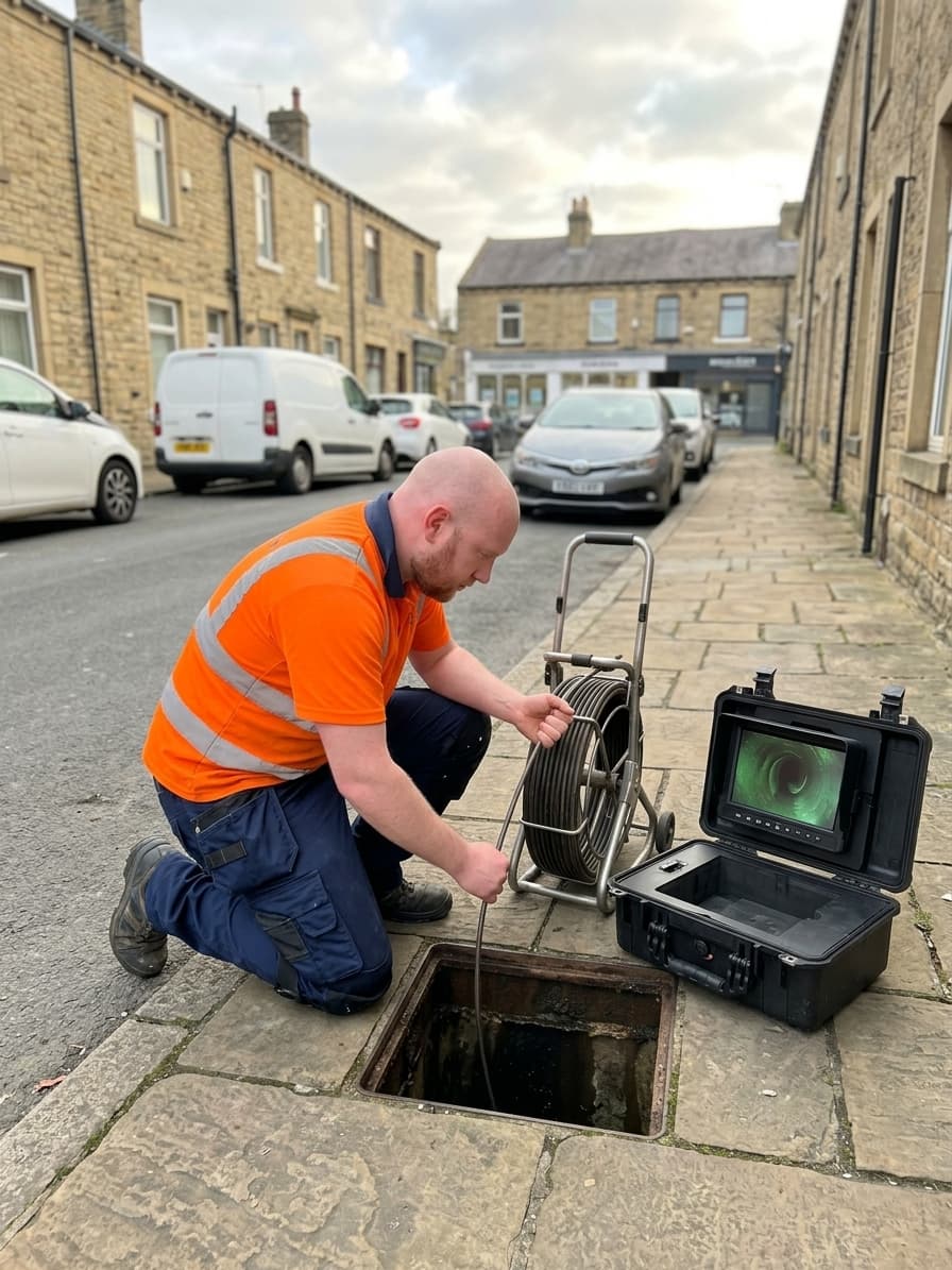 Drain surveyor kneeling beside an open inspection chamber on a stone-terraced street in Harrogate, feeding a camera cable into the drain
