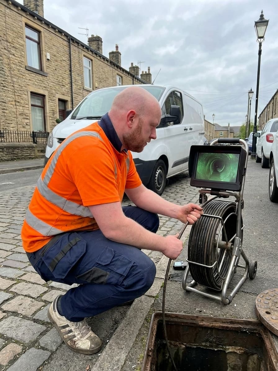 Drain survey engineer at an inspection chamber on a Victorian terraced street in Rotherham, South Yorkshire