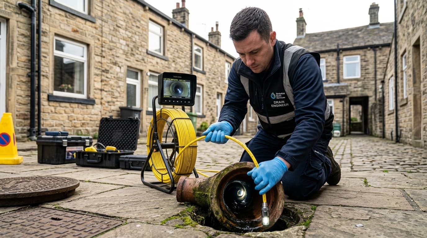 Drainage engineer feeding a CCTV camera into an access chamber outside a Yorkshire brick terrace house