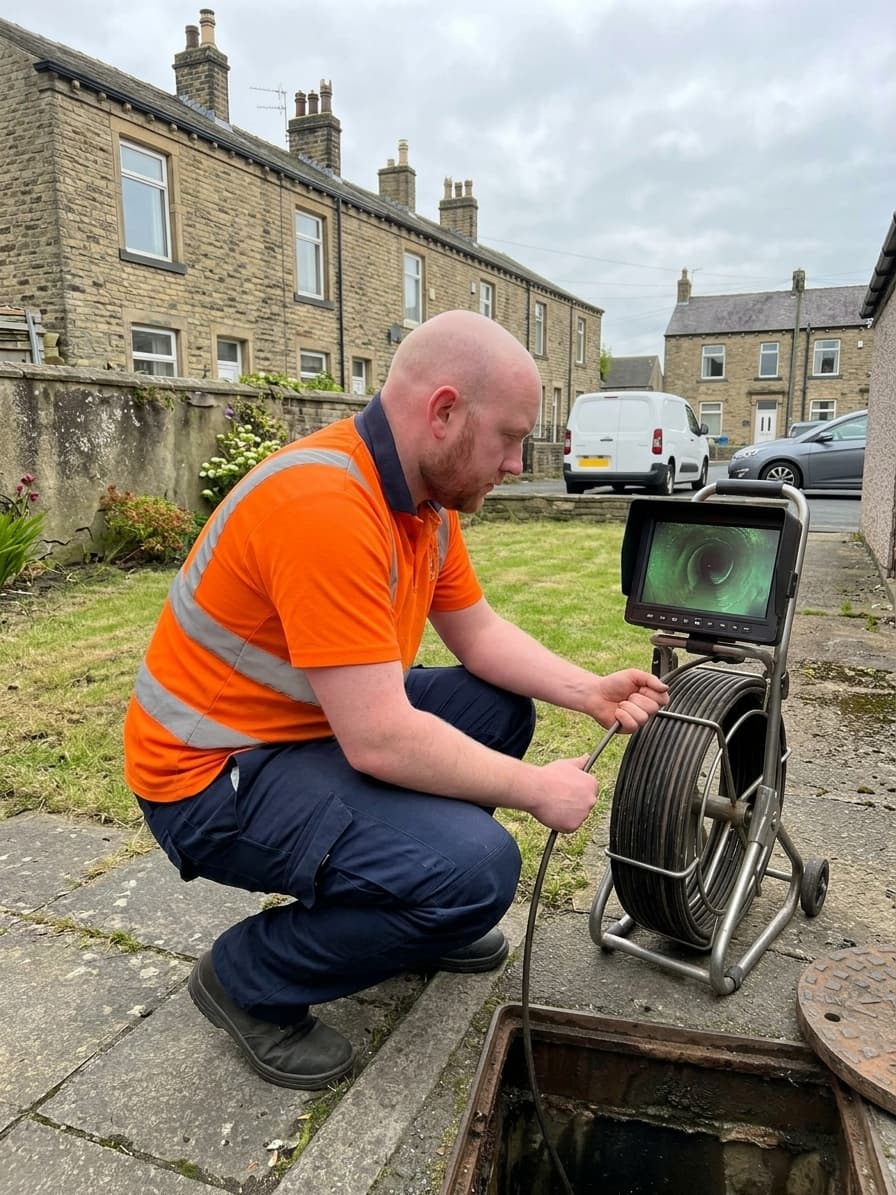 Drainage engineer kneeling beside an open inspection chamber in a Yorkshire stone terrace garden, feeding a CCTV camera cable into the drain