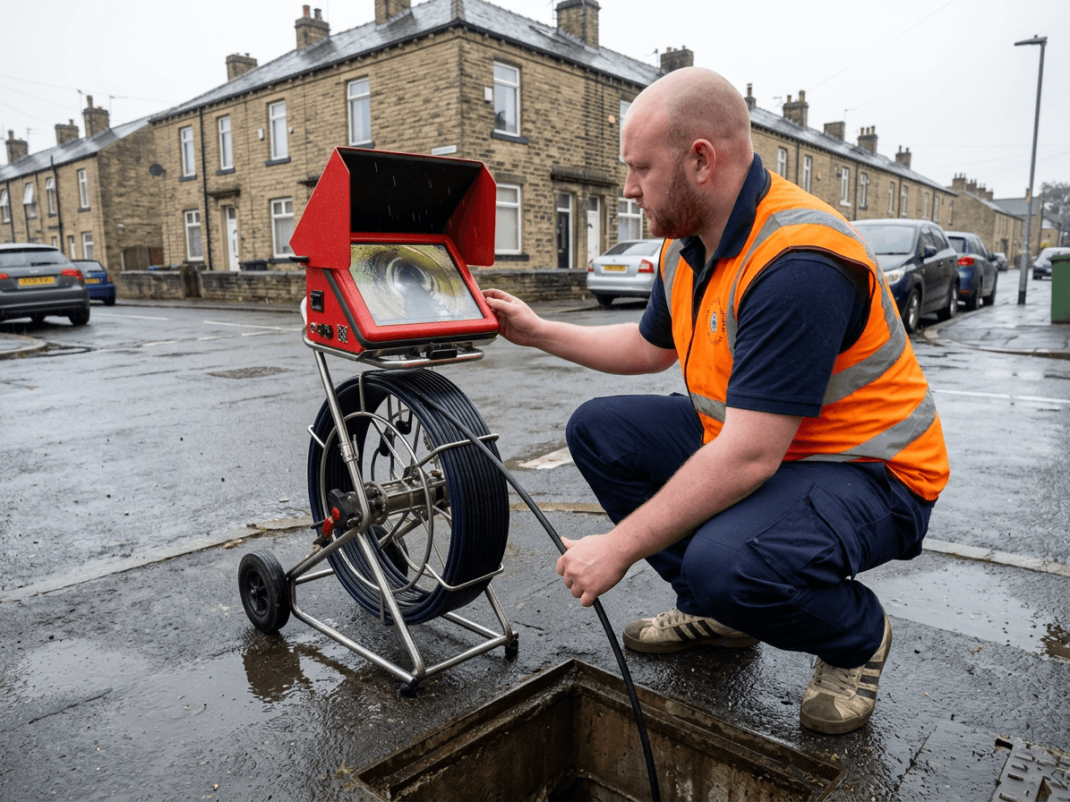Yorkshire drain survey engineer operating iTouch CCTV camera system at a residential drain inspection