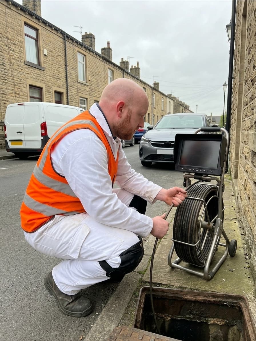 Drainage engineer inspecting an external drain cover outside a stone terraced house in Yorkshire